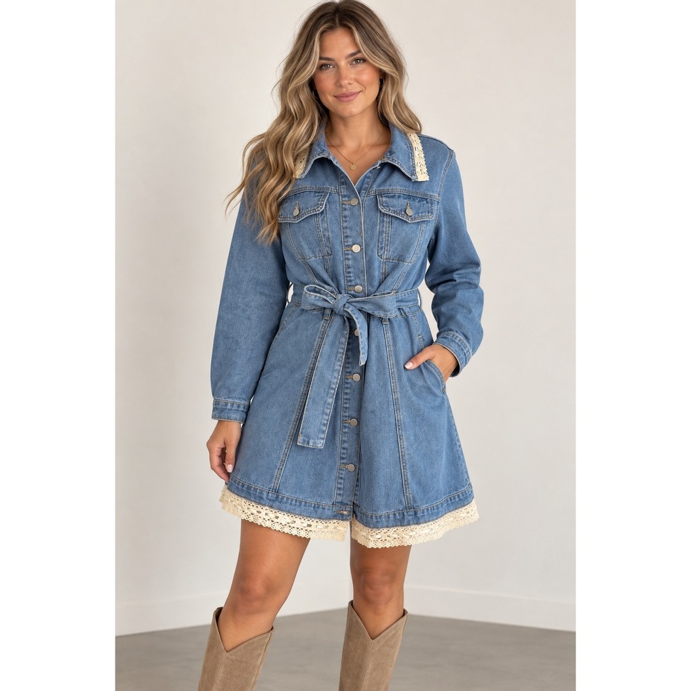 Joie Denim Lace Trim Belted Mini Dress XL Light Wash Cottagecore Western Boho